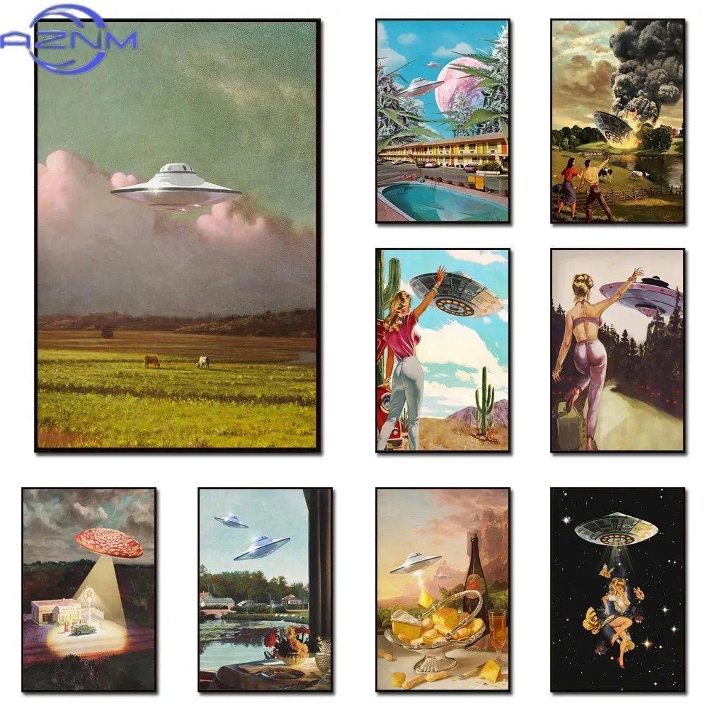 Vintage Wall Decor UFO Canvas Posters And Prints Flying Saucer Art Painting Alien Retro Mural Pictures For Living Room Cuadro