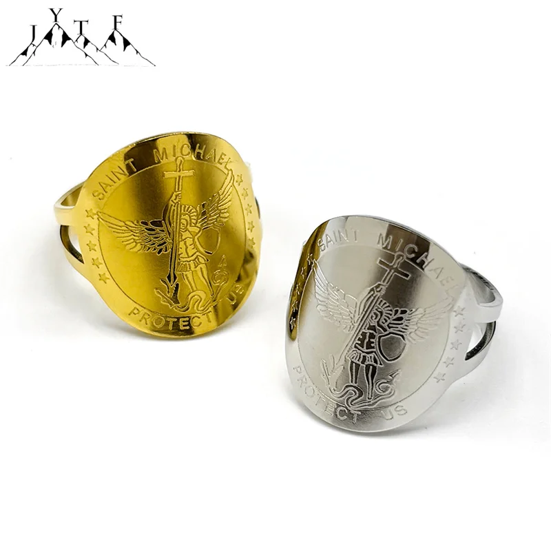 Saint Michael Protect Us Rings for Women Men Stainless Steel Gold Silver Color Religious Amulet Finger Ring Jewelry Gift Anillo