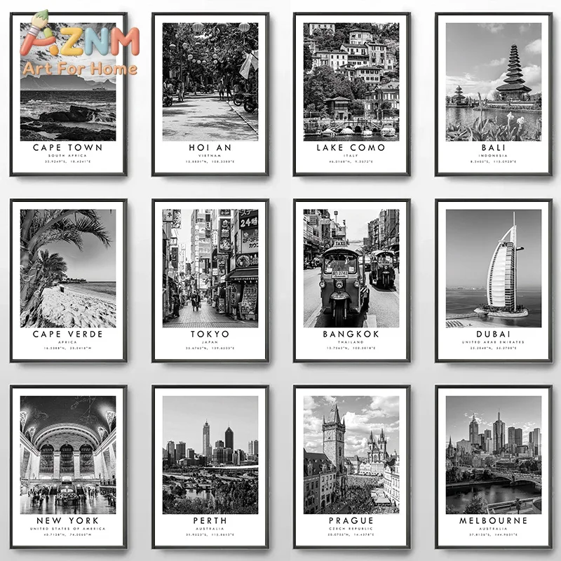 AZNM Black White World City Travel Canvas Wall Art Vintage Landmark Coordinates Poster Unframed Canvas Home Decor Painting