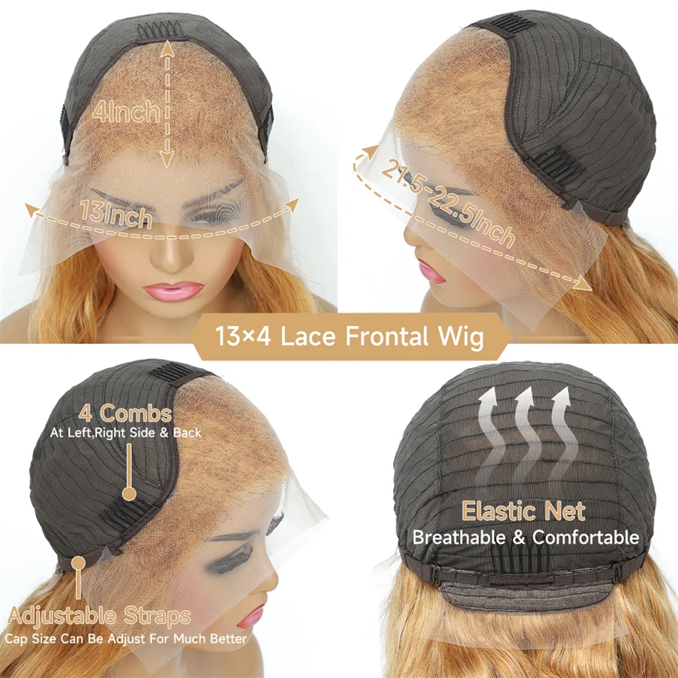 Perruque Lace Front Wig Body Wave Naturelle, Cheveux Lisses, Couleur Blond Miel Transparent 27 #, 13x4, 32 Pouces