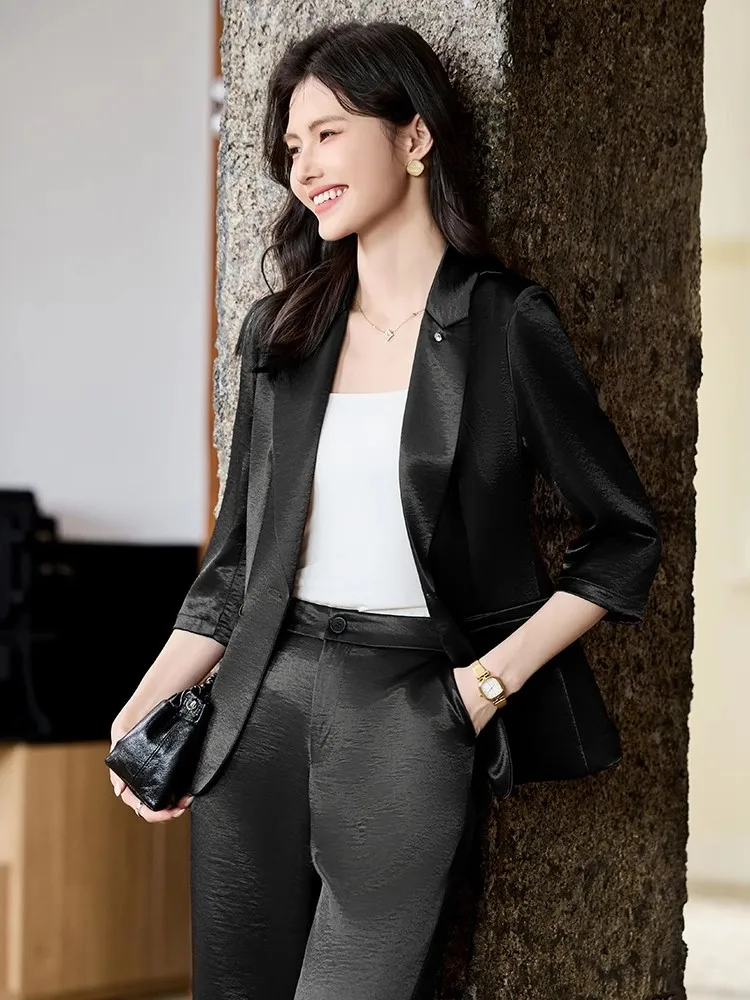 Acetate Seven-Quarter Sleeve Suit Jacket Women's Fashionable Professional Career Uniform Elegant Goddess Style Formal Wear Set
