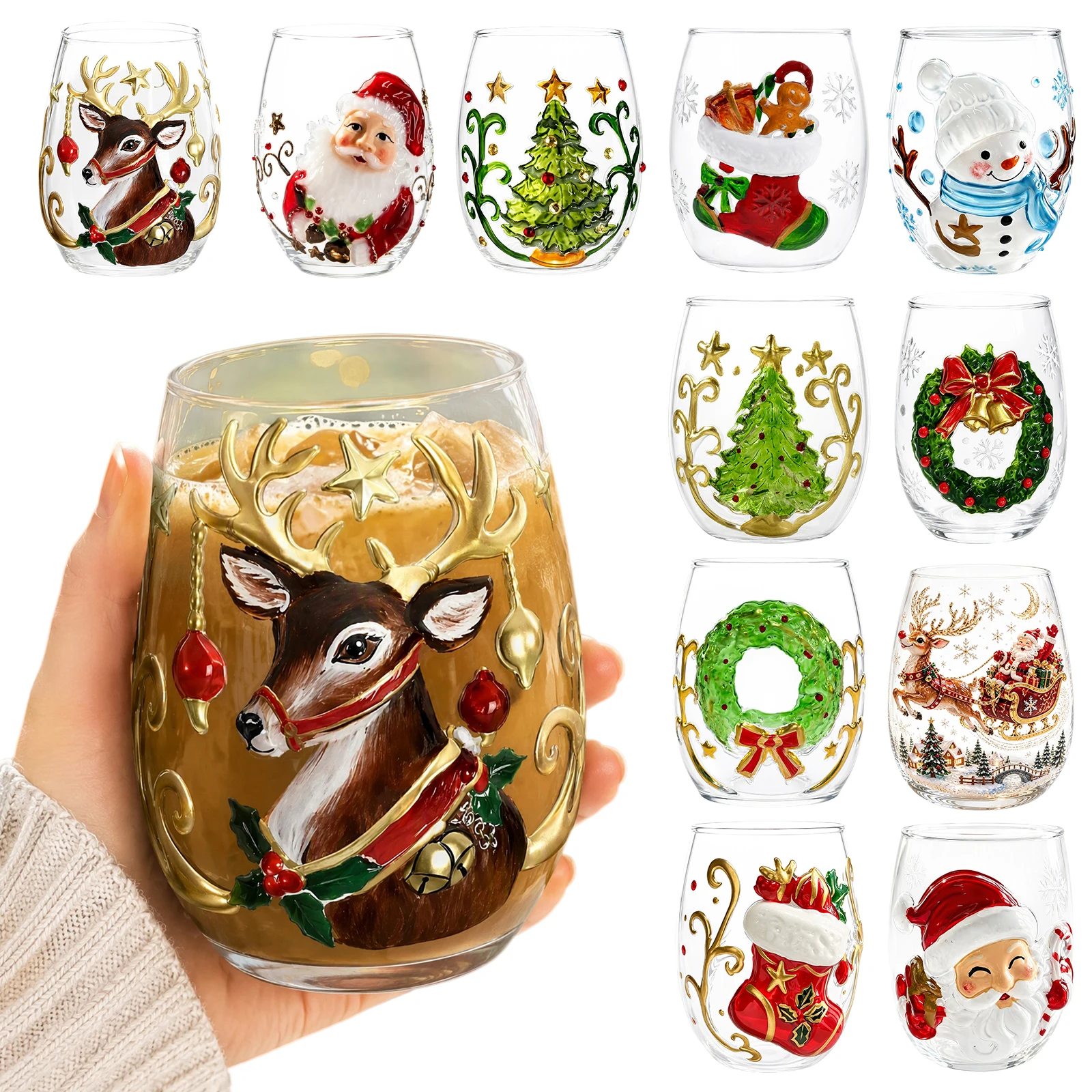 3D Christmas Glass Art Cup 3D Santa Stemless Wine Glasses Luxury Raised Holiday Glassware Christmas Glass Cup