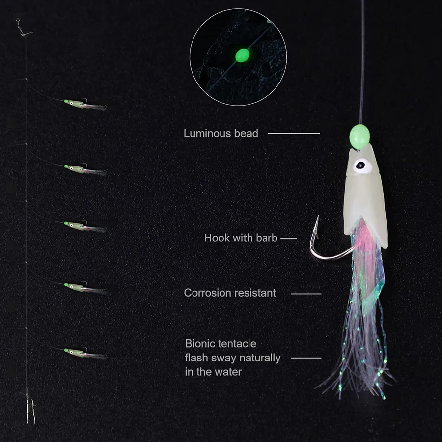 10 пакетов Sabiki Rigs, 5 крючков, приманки для морской рыбалки, приманки из настоящей рыбной кожи, веревочный крючок, скумбрия, светящиеся в темноте, флэш-рыболовные оснастки