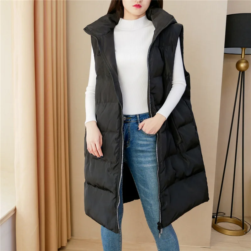 170Kg Plus Size Women\'s Bust 170 Winter Loose Hooded Long Padded Vest Jacket Diamond Zipper Coat Black 7XL 8XL 9XL 10XL 11XL