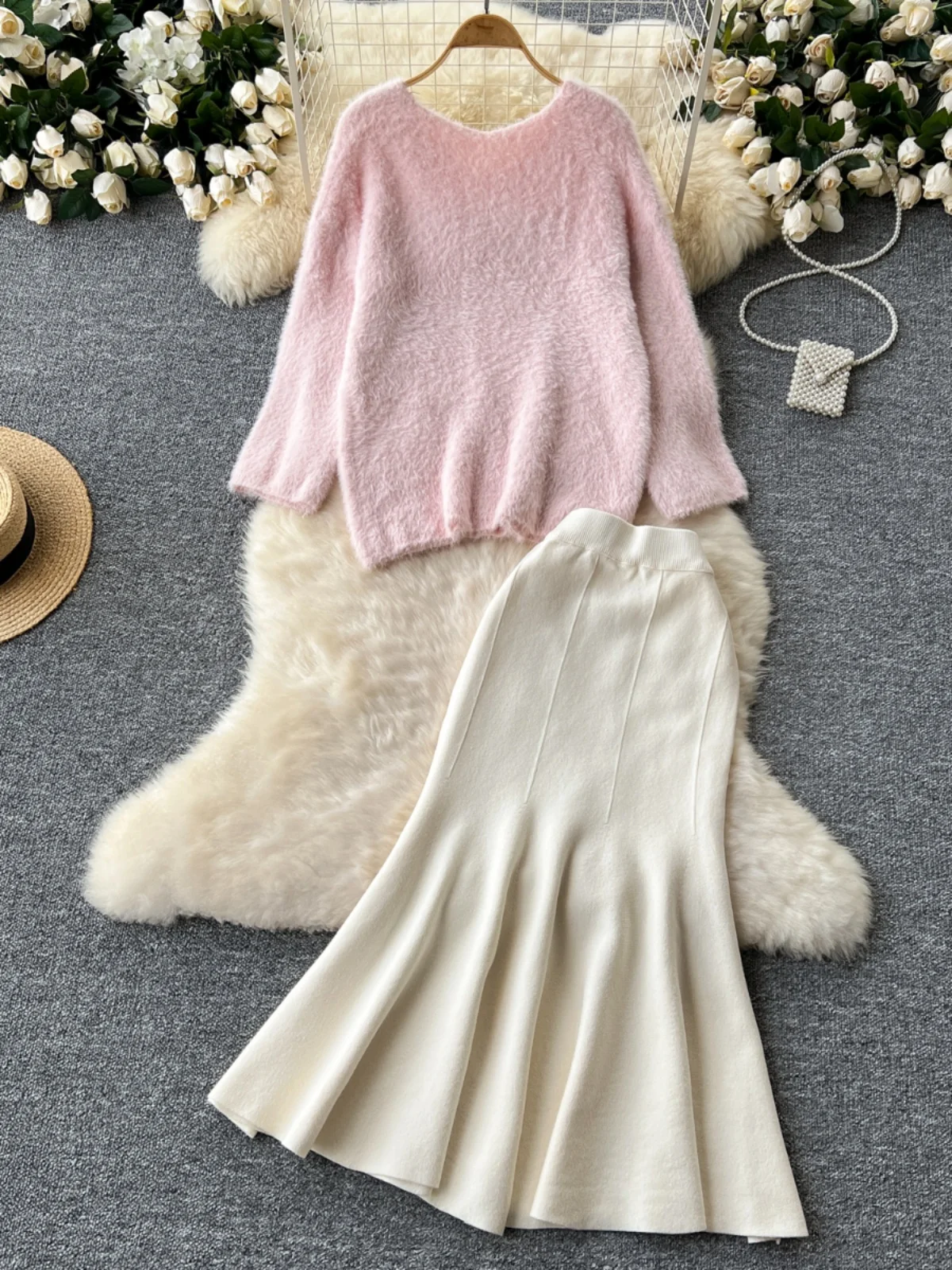 

Женский вязаный комплект из двух предметов Lazy Sle, облегающий свитер с высокой талией и юбка f, модная и мягкая зимняя одежда