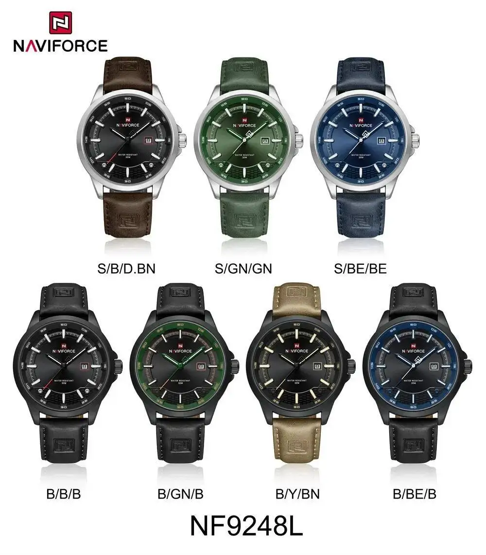 NAVIFORCE 9248L ساعة كوارتز رجالية أنيقة التقويم مضيئة مقاوم للماء حزام من الجلد خمر الأعمال ساعات عادية للرجل