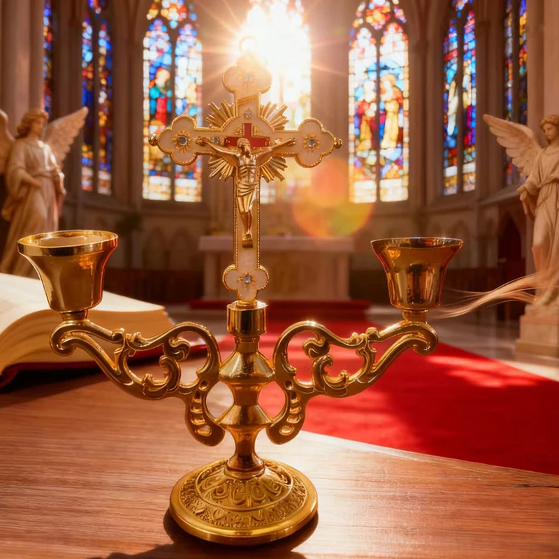 Neue Retro-Metall-Kerzenhalter im europäischen Stil aus Zinklegierung für Schabbatkerzen, Teelichter, Heimdekoration, religiöses Geschenk mit Jesus-Motiv – Detail 3