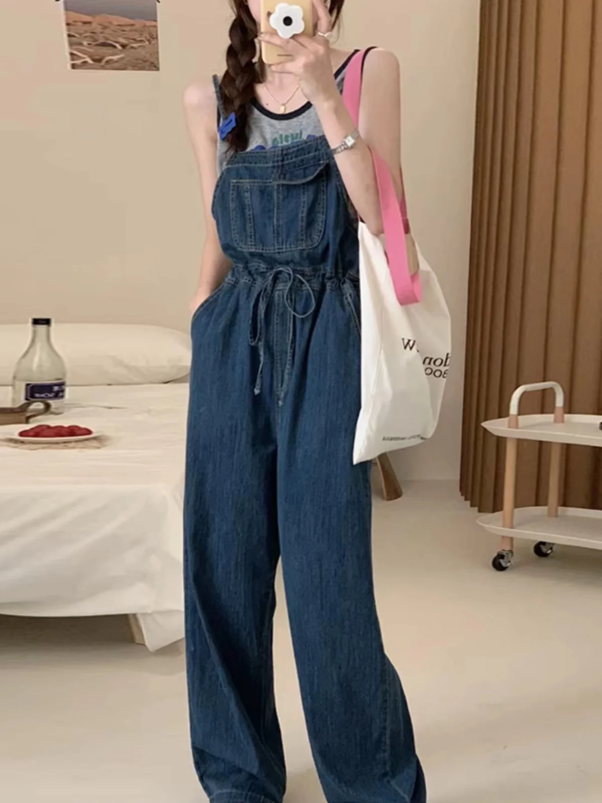 

Свободные женские джинсовые комбинезоны с высокой талией, синие прямые джинсы Fufu Cow, летние новые корейские утягивающие цельные джинсы