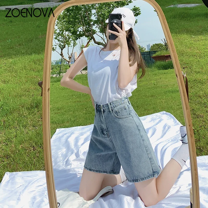 ZOENOVA Harajuku الشارع بسيط فضفاض النساء الجينز 2024 الربيع الصيف موضة جديدة متعددة الاستخدامات عالية الخصر طول الركبة بنطال ذو قصة أرجل واسعة #3