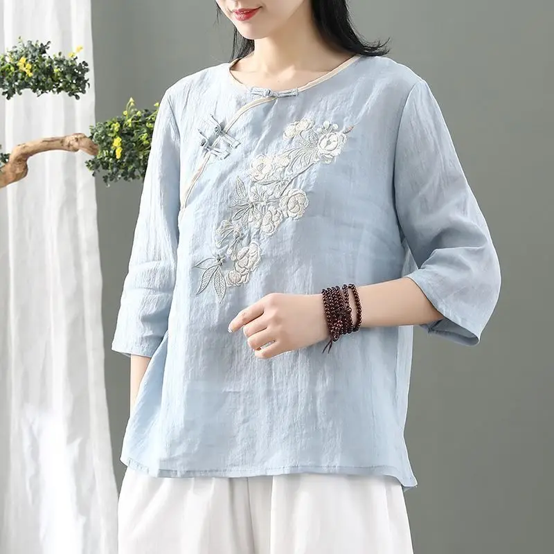 2024 New Summer Chinese Style Fashion Versatile Short Sleeved Loose Round Neck Printed Embroidered Button Women\'s T-shirt Top