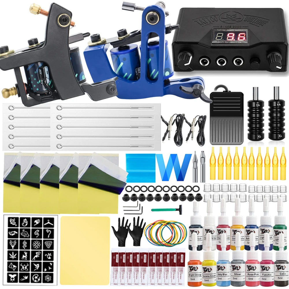 

Полный комплект тату-машины, источник питания с иглами для татуировки, набор аксессуаров для чернил для татуировки, инструмент для боди-арта, набор для перманентного макияжа