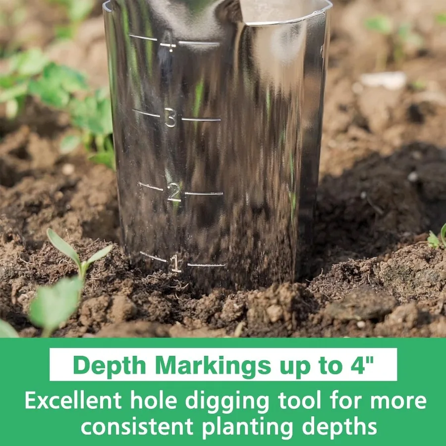 Macetero de bulbos de jardín de acero inoxidable con marca de profundidad de 4 pulgadas para una plantación fácil y precisa de flores como narcisos de tulipanes