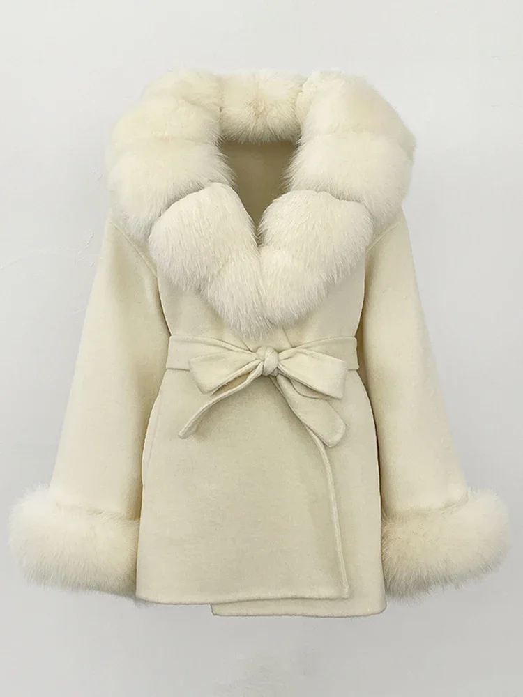 2025 New Winter Clothing Women Commute Belt Real Fur Wool Coat Female Fashion Outerwears Natural Fox Fur Woolen Jacket