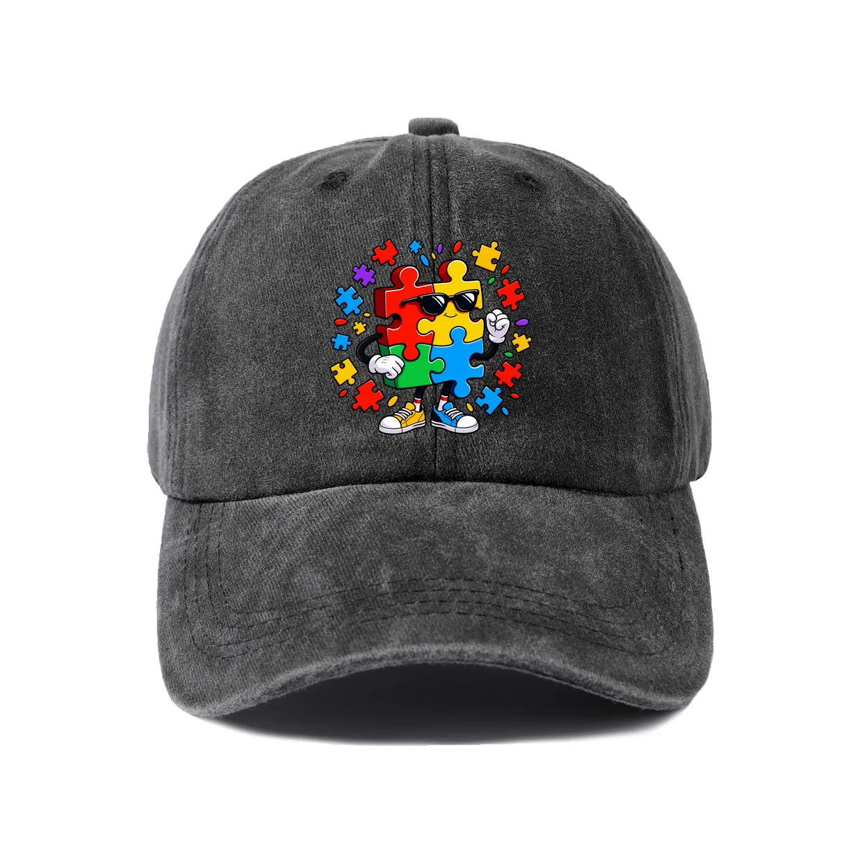 Vintage Washed Colorful Puzzle Pieces Graphic Baseball Cap, Adjustable Unisex Dad Hat, Awareness Gift