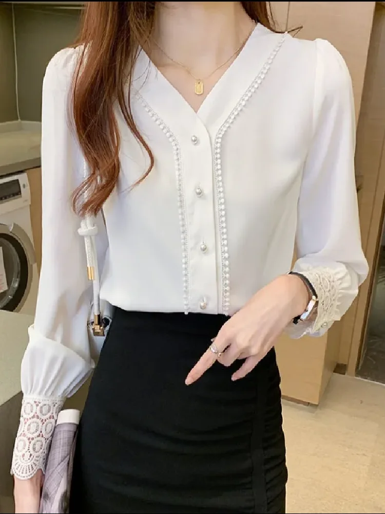 Shirt Women's Long Sleeve Blouses Autumn Woman Clothes Top V-Neck Lace Shirt White Hollow out Chiffon Top Cardigan Female Blous