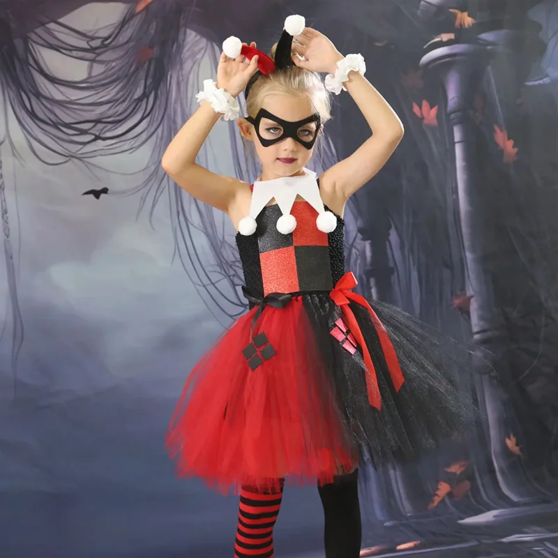 Halloween Kids Clown Female Tutu Dress Girls Carnival Harley Squad Quinn Cosplay Performance Costume Birthday Party Dress Up MS1