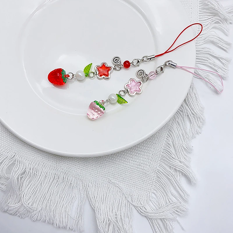 Korean Cute Strawberry Mobile Phone Chain Y2K Sweet Fruits Beaded Phone Lanyard Keychain For Girls Phone Pendant Charms