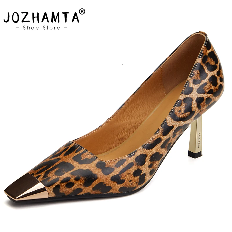 JOZHAMTA Size 34-40 Women Leopard Pumps Genuine Leather Metal Toe Thin High Heels Shoes Sexy Party Office Lady Daily Dress