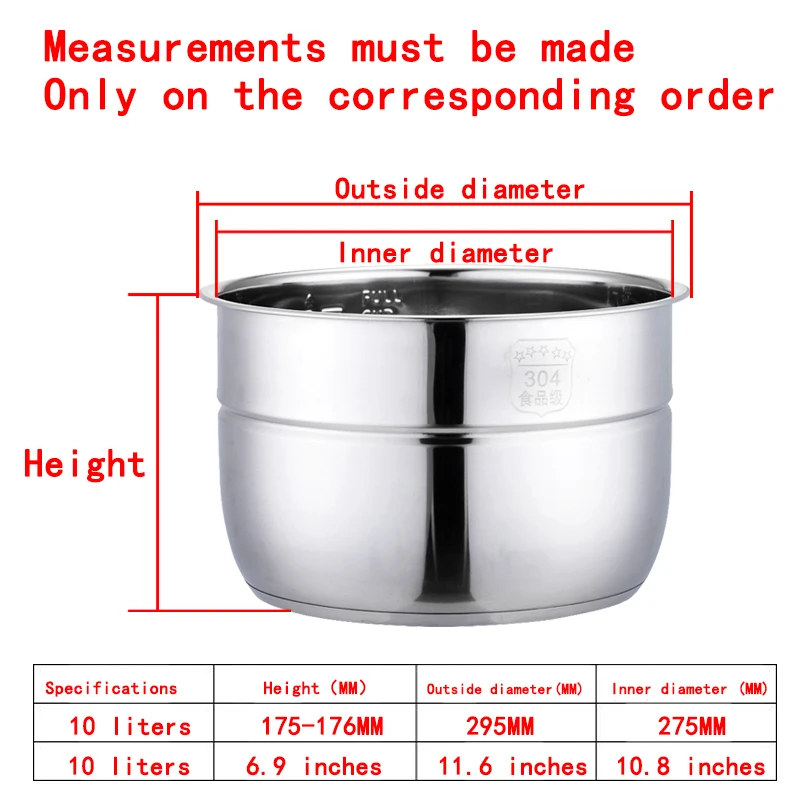 Electric Pressure Cooker Liner Stainless Steel 304 Food Grade Multi-Bowl Soup Porridge Pot Bile Cooker Accessories 10 Liters 175