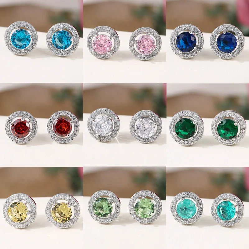 Royal Blue Pink Yellow Red Stone Round Stud Earrings For Women Men Silver Color Green Ice Flower Zircon Wedding Engagement Gifts