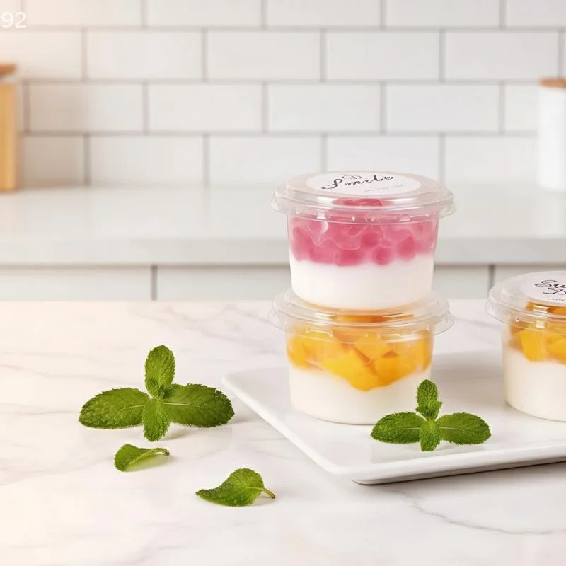 50 szt. Przezroczystych pojemników na desery/kompoty z akrylu spożywczego o pojemności 150/250/380 ml z zabezpieczonymi pokrywkami.