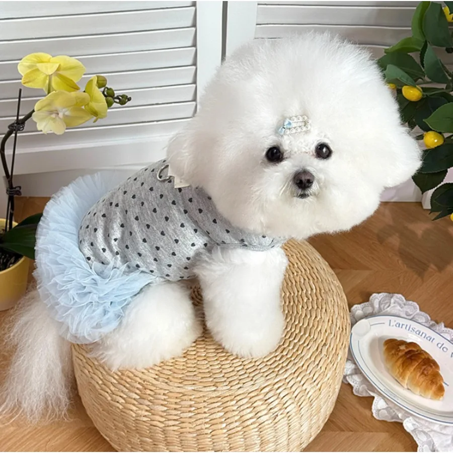 1 Stück süßes, herzförmig bedrucktes Chiffon-Hundekleid, grau mit Blattring, Haustiergeschirr-Kleid für kleine Hunde – Detail 7