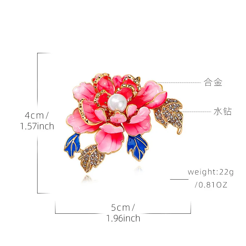 Luxury New Peony Flower Brooch Pin for Women Enamel Hand drawn Pearl Studded Rhinestone Chest Flower Dress Cheongsam Pin Female