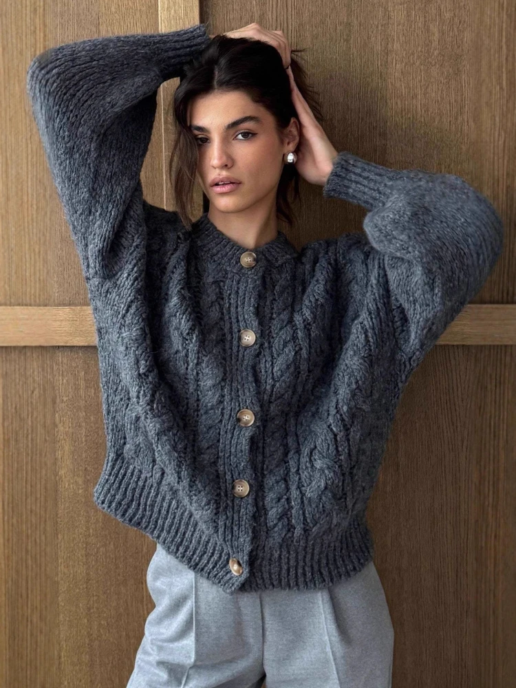 Autumn and Winter New Commuting Retro Rough Fried Dough Twists Knitting Cardigan Round Neck Single Breasted Sweater Coat Women