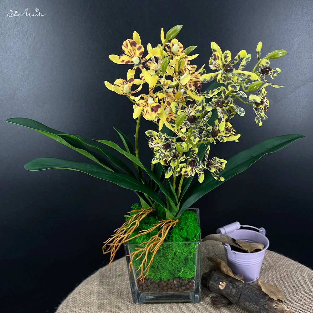 SunMade High-end 2 Forks Spring Melody Orchids with Green Leaves Silk Artificial FLowers Tiny Flowers Home Garden Decoration DIY