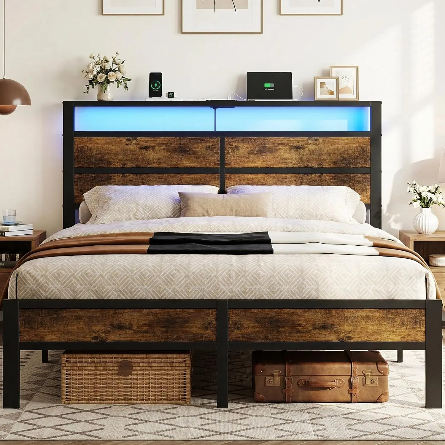 Queen Size Bed Frame with LED Lights, USB Type C Charging Headboard, Brown Metal Platform Bed with Storage Shelf,Customized
