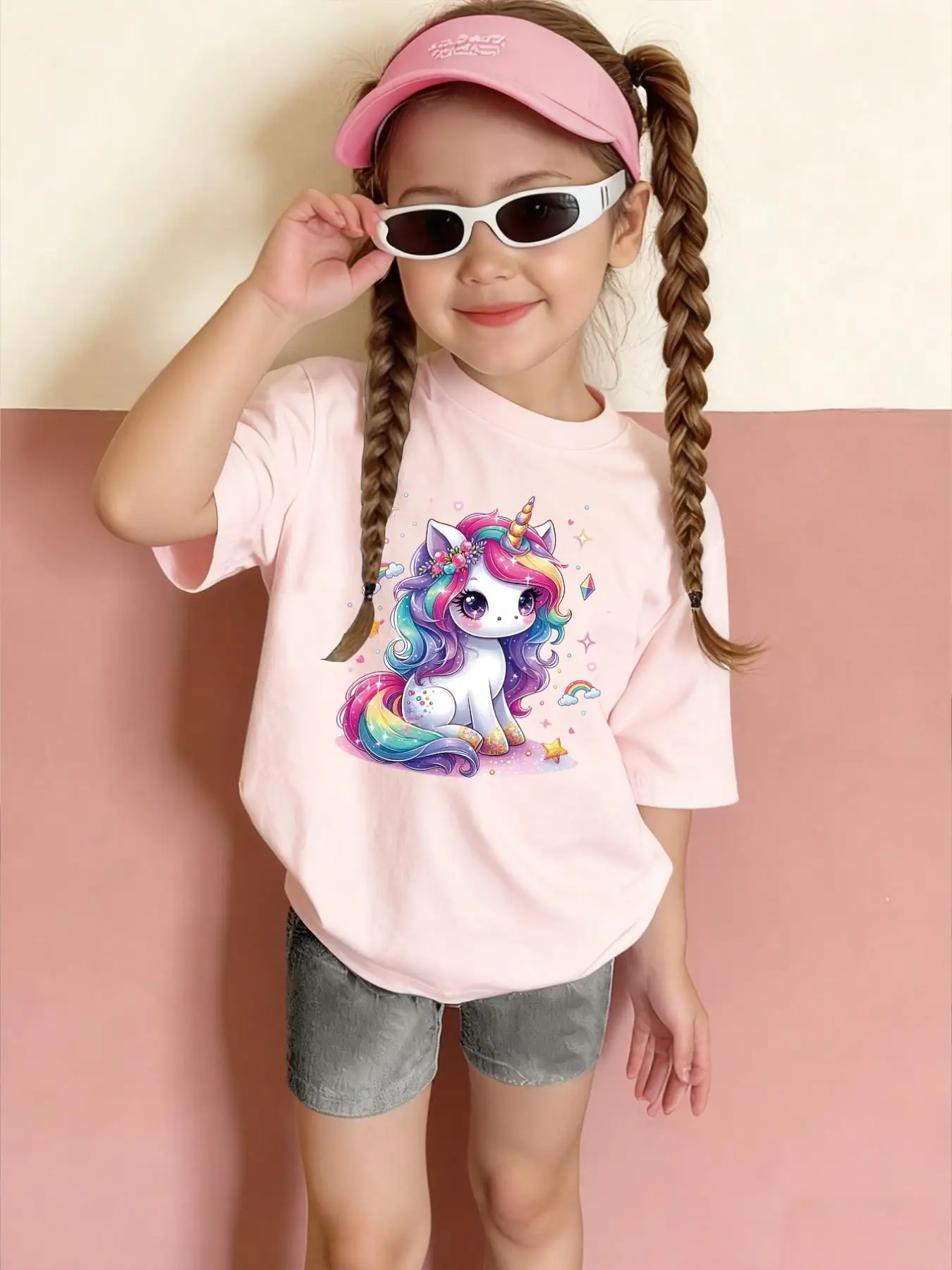Cute Rainbow Unicorn Pattern Girls' Round Neck Short-Sleeved T-Shirt with Sweet Cartoon Pattern Print, Suitable for Girls Aged 4-11 to Wear When Going Out, at Home, or at School