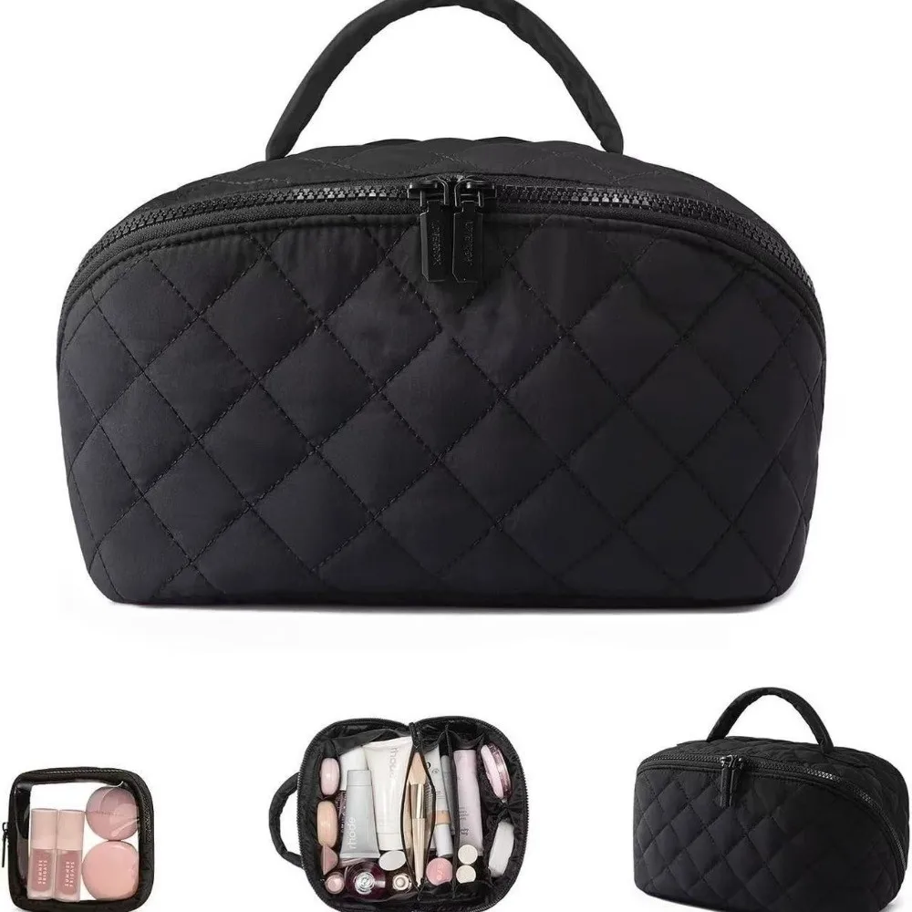 

Water-Resistant Handheld Cosmetic Bag Multiple Pockets Leak-Proof Toiletry Bag Large Capacity Quilted Make Up Pouch Bag