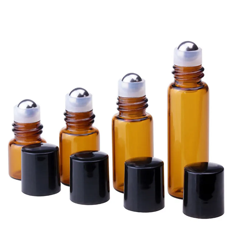 50pcs 1ml 2ml 3ml 5ml Amber Thin Glass Roll on Bottle Sample Test Essential Oil Vials with Roller Metal Ball