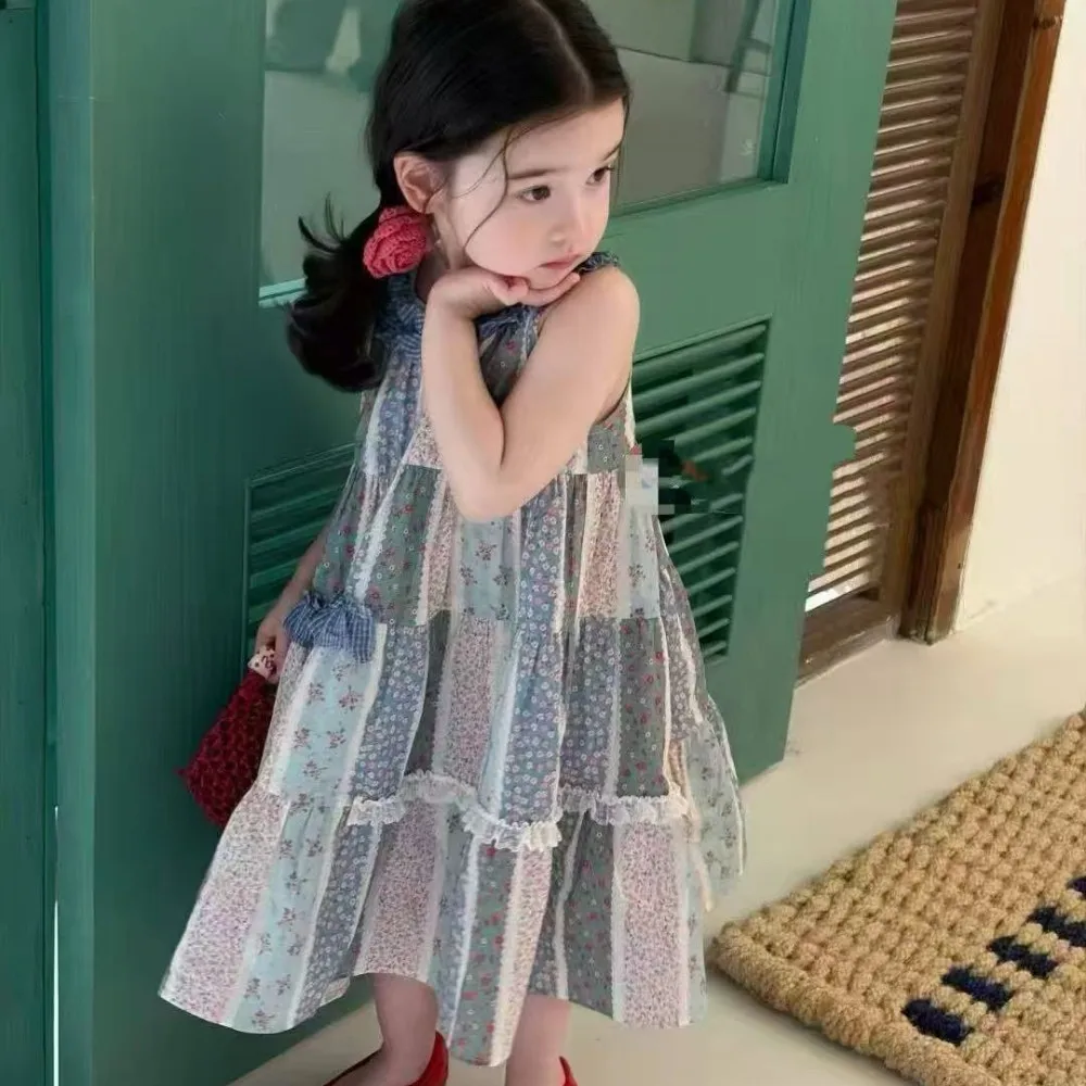 Korean Version Summer Casual Countryside Style Round Neck Hanging Neck Lace Patchwork Printed Dress