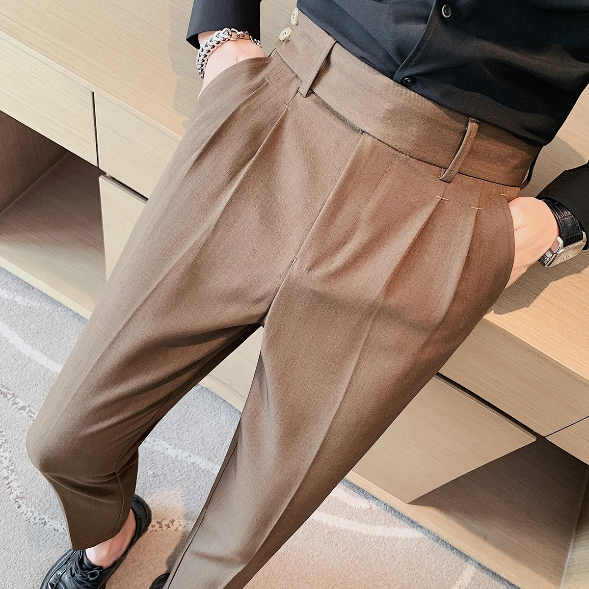 British Style Twill Pleat Design Naples High Waist Casual Trousers Fashion Man Slim Simple Social Party Suit Pant Plus Size 38