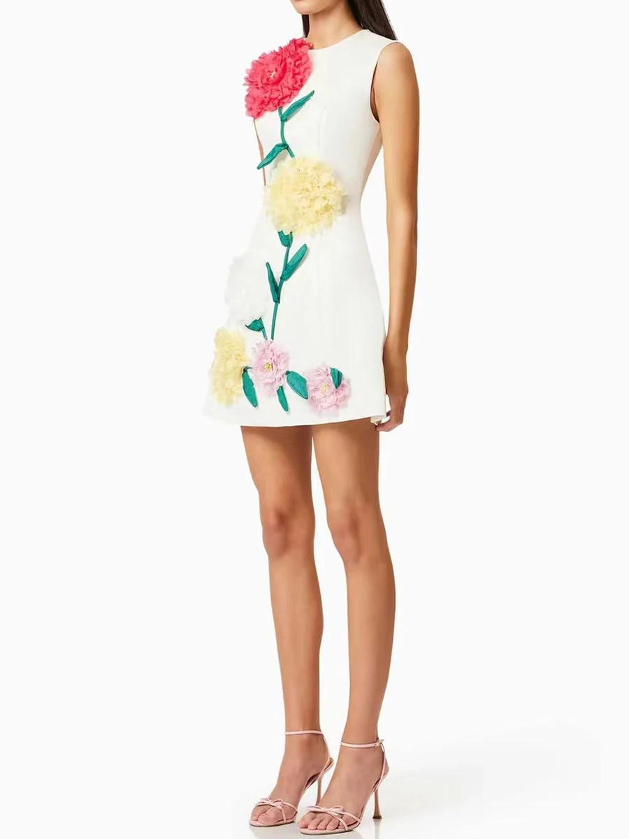 Twotwinstyle hit cor emendado apliques vestidos de emagrecimento para mulheres o pescoço sem mangas cintura alta temperamento mini vestido feminino