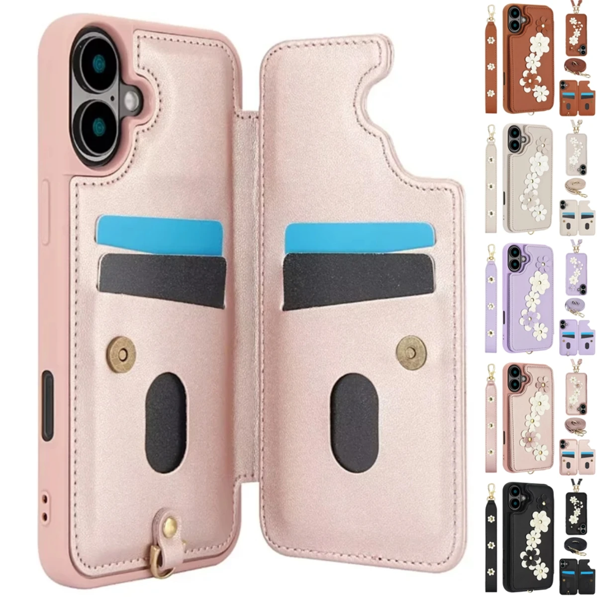 Crossbody Flip Leder Handyhülle für iPhone Air 17 16E 15 16 14 13 12 11 Pro Max XR XS Max 7 8 Plus SE Wallet Wrist Strap Cover