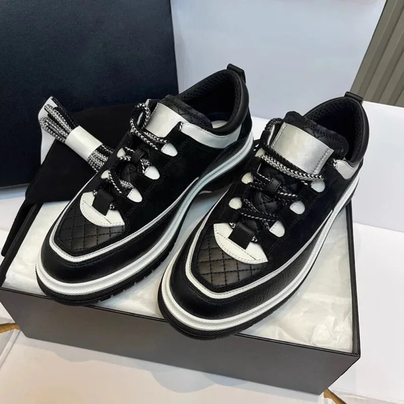 

2025 New Fashion Panda Color Thick Sole Lace Up Leather Casual Women Sneakers