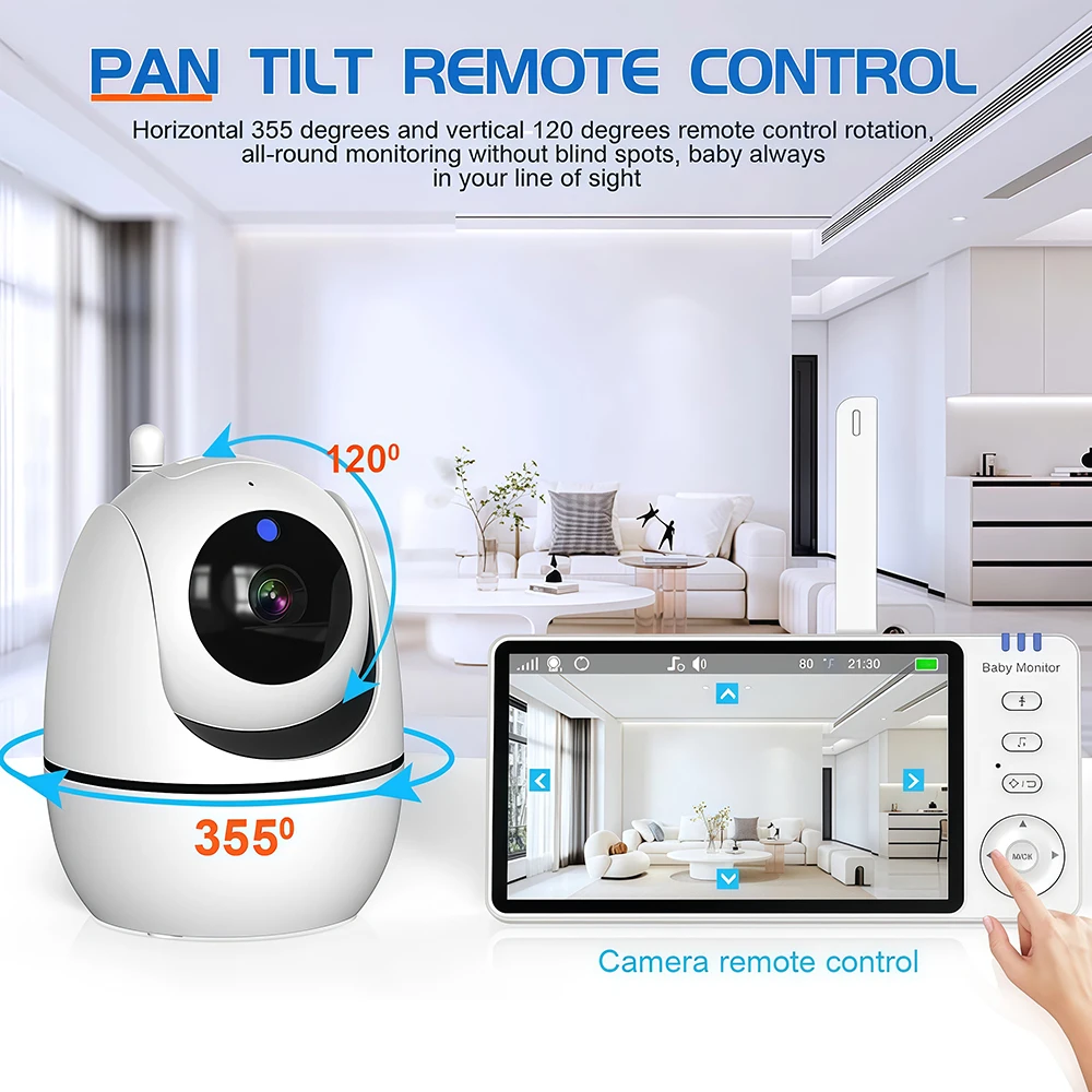 

5.0 Inch Baby Monitor with Camera VOX Wireless Video Nanny 1080 HD Security Night Vision Temperature Remote Move 2 Way Audio