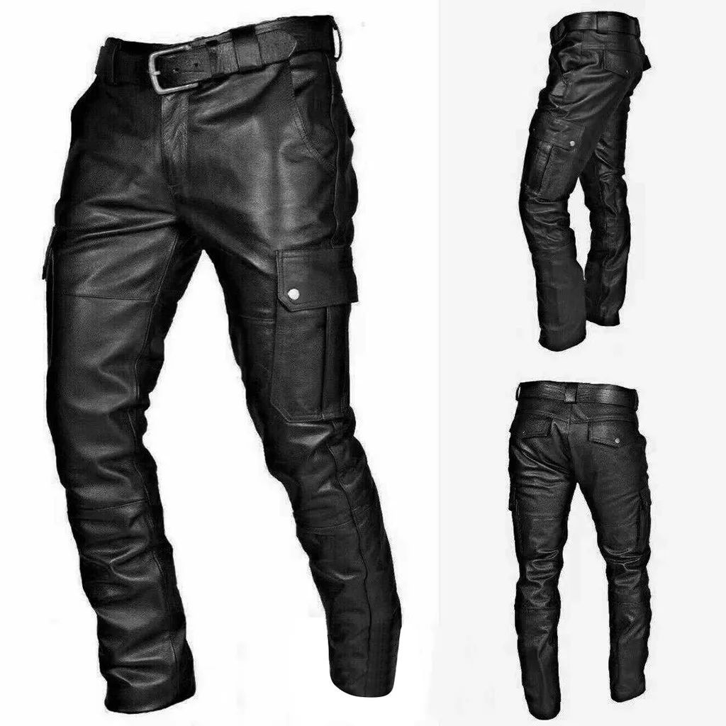 Leather Pants Men Pu Long Pant Solid Button Pocket Splice Straight Trousers Casual Regular High Waist Slim Fit Autumn Winter