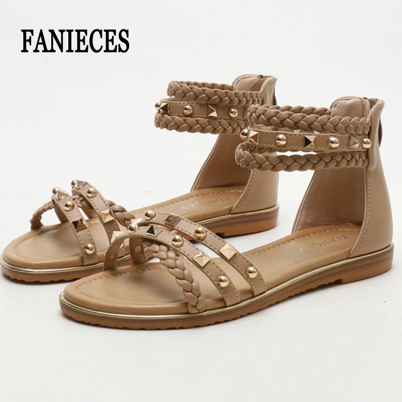 

Rivet Flat Roman Sandals Women Summer Anckle Strap Narrow Band Open Toe Plus Size Casual Beach Outdoor Boho Gladiator Sandalias