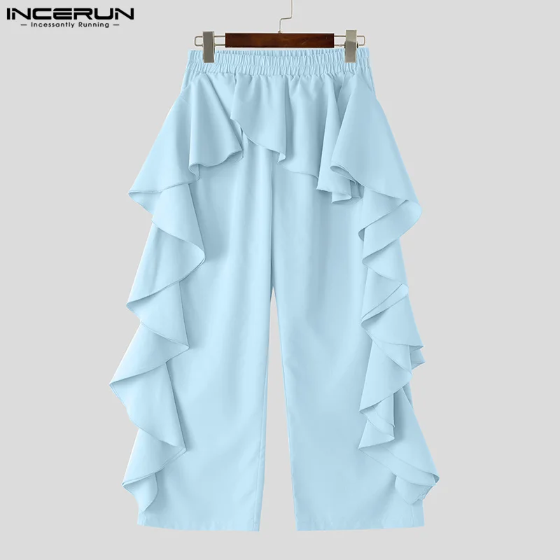 INCERUN 2025 American Style Stylish Pantalons Mens Multi-layer Ruffle Edge Design Pants Casual City Walk Solid Wide Leg Trousers