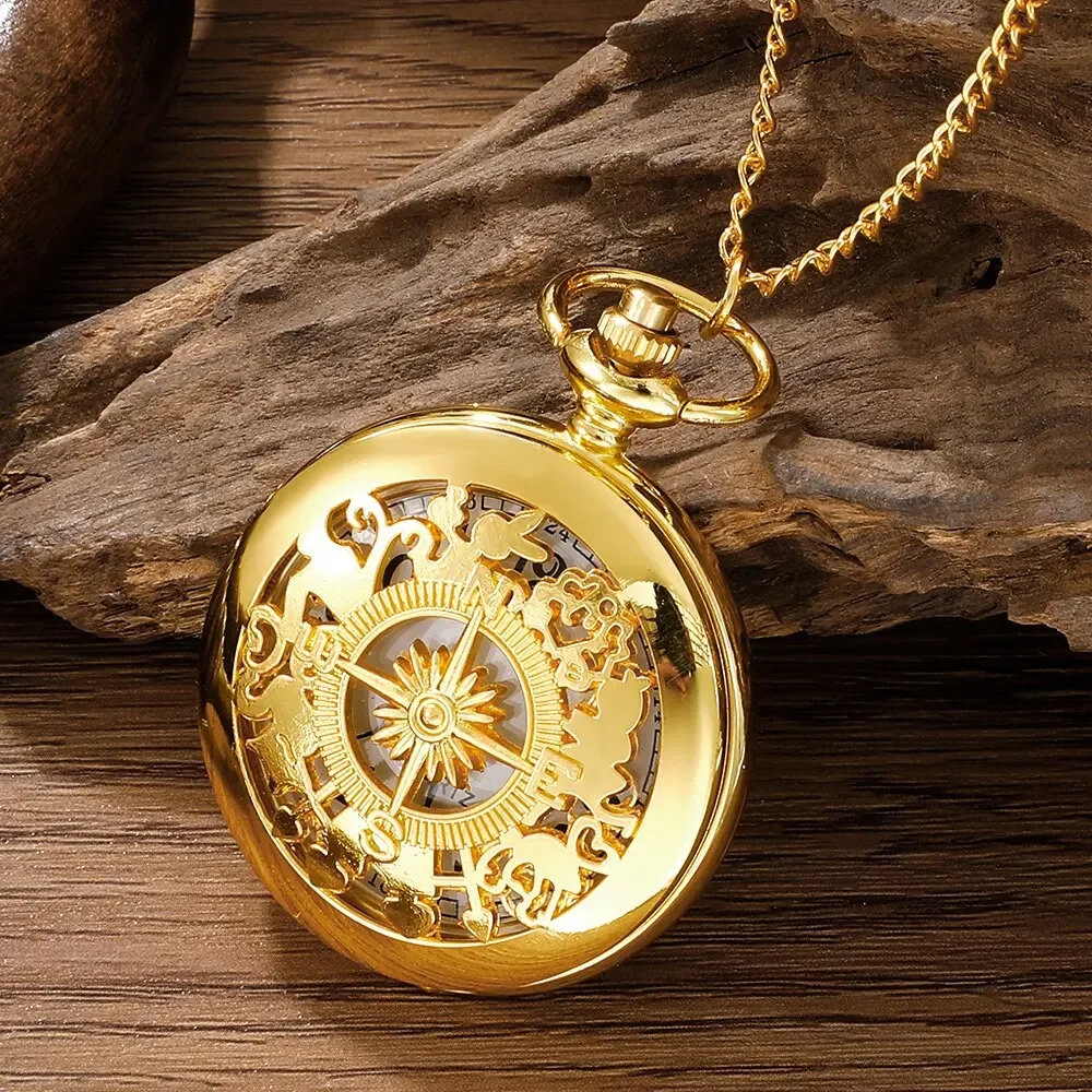 Vintage Antique Steampunk Arabic Numerals Quartz Pocket Watch Gold Case Necklace Pendant Clock Chain Mens Women