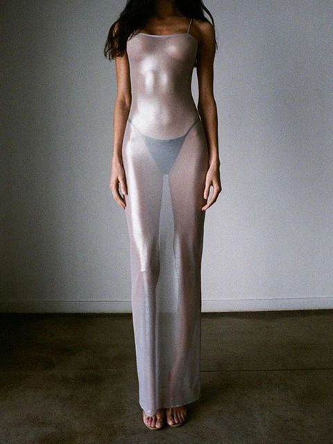 Wet See Through|women’s Sexy See-through Maxi Dress - Sleeveless V 