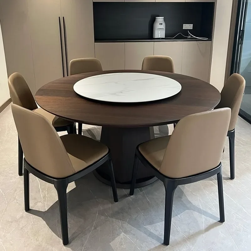 Italian Minimalist Solid Wood Dining Table and Chair Set Small Apartment Rotating Round Table with Turntable Rock Slab Top