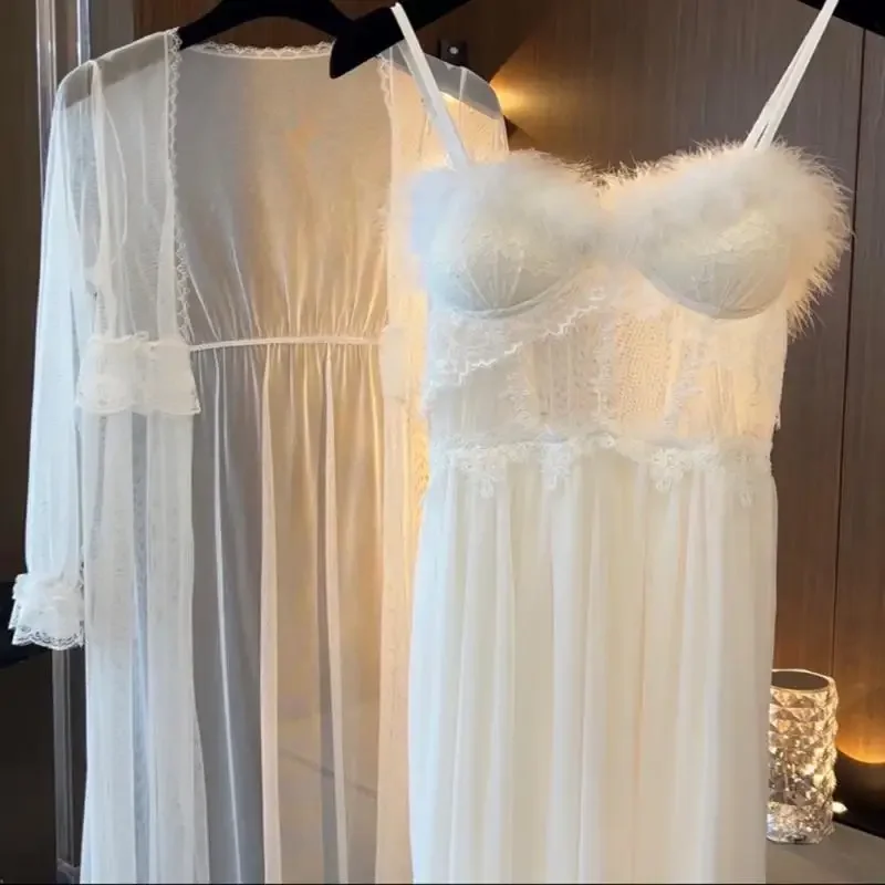 Red Mesh Robe Set Women Sexy Feather Trim Kimono Gown Sexy Spaghetti Strap Sleepwear Bride Wedding Dress Pajamas Suit Lingerie