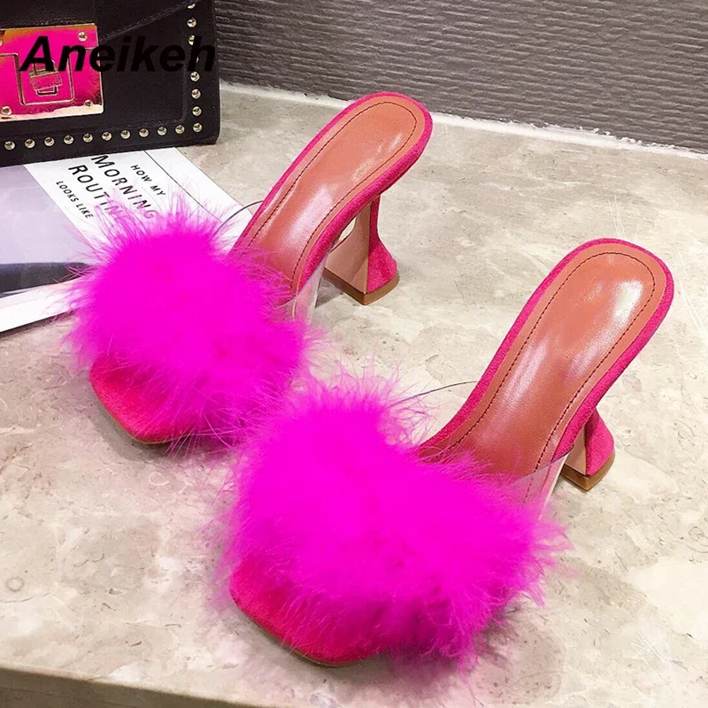 Aneikeh Fashion Fluffy Slippers Slides Women Square head Peep Toe Slip on Sandals Spike Heels Elegant Comfortable Ladies Shoes