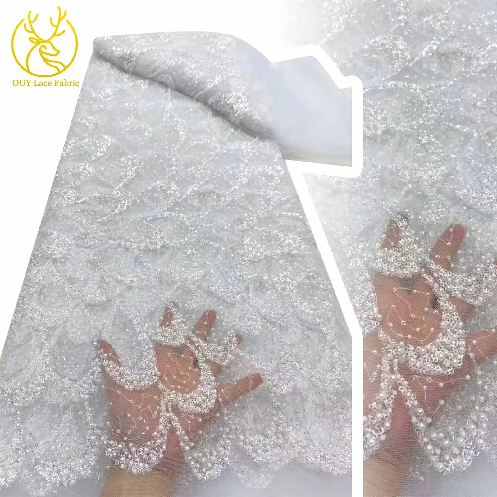 

2025 African Beaded Lace Groom Fabric High-end Luxury French Sequin Embroidery Sheer Lace Evening Dress Women's Wedding Dress