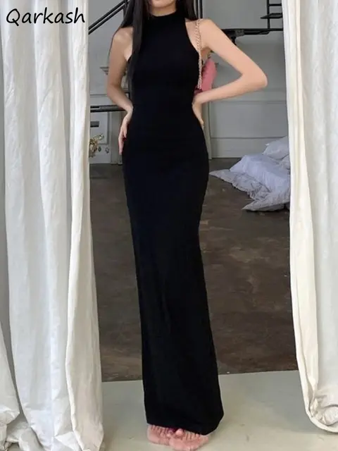 Sukienki bez rękawów damskie z golfem proste rozcięcie moda seksowny styl europejski Vintage do kostek Temperament Ins Party stylowe