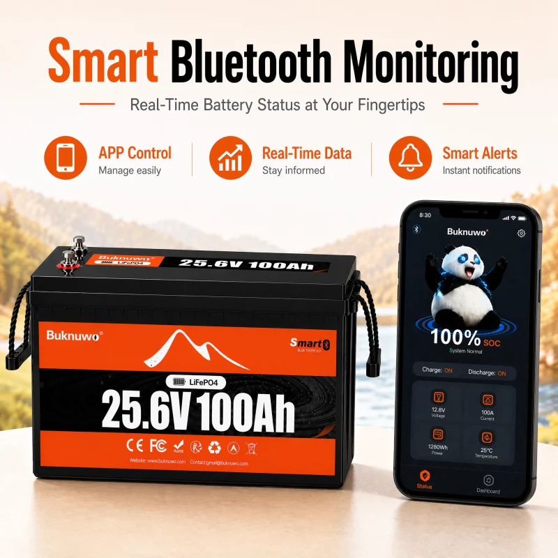 Buknuwo LiFePO4 24V/25.6V 100Ah Lithium Battery With Bluetooth Built-in 100A BMS Grade A Cells 2560Wh Power Energy Storage Battery Low-Temp Protection Capable Of Over 10000 Cycles Support Parallel Battery For Solar,RV,Marine,Off-Grid Application,Camp